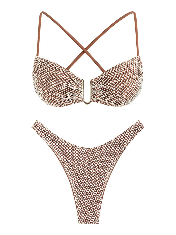 Two Piece Fishnet Bikini Set Solid Backless Swimwear Bumr