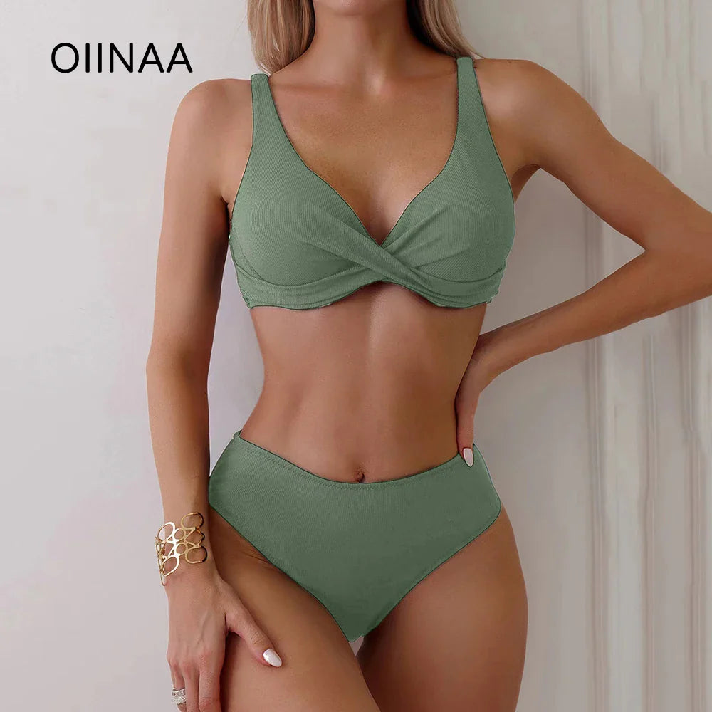 Solid Color Deep V-Neck Bathing Suit Bumr