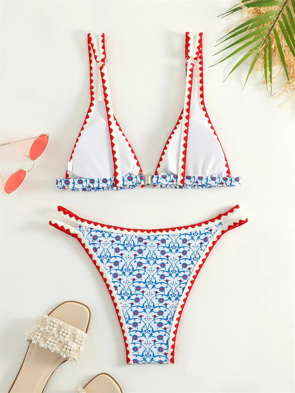 Print Bikini Bordered Straps Swimsuit Bumr