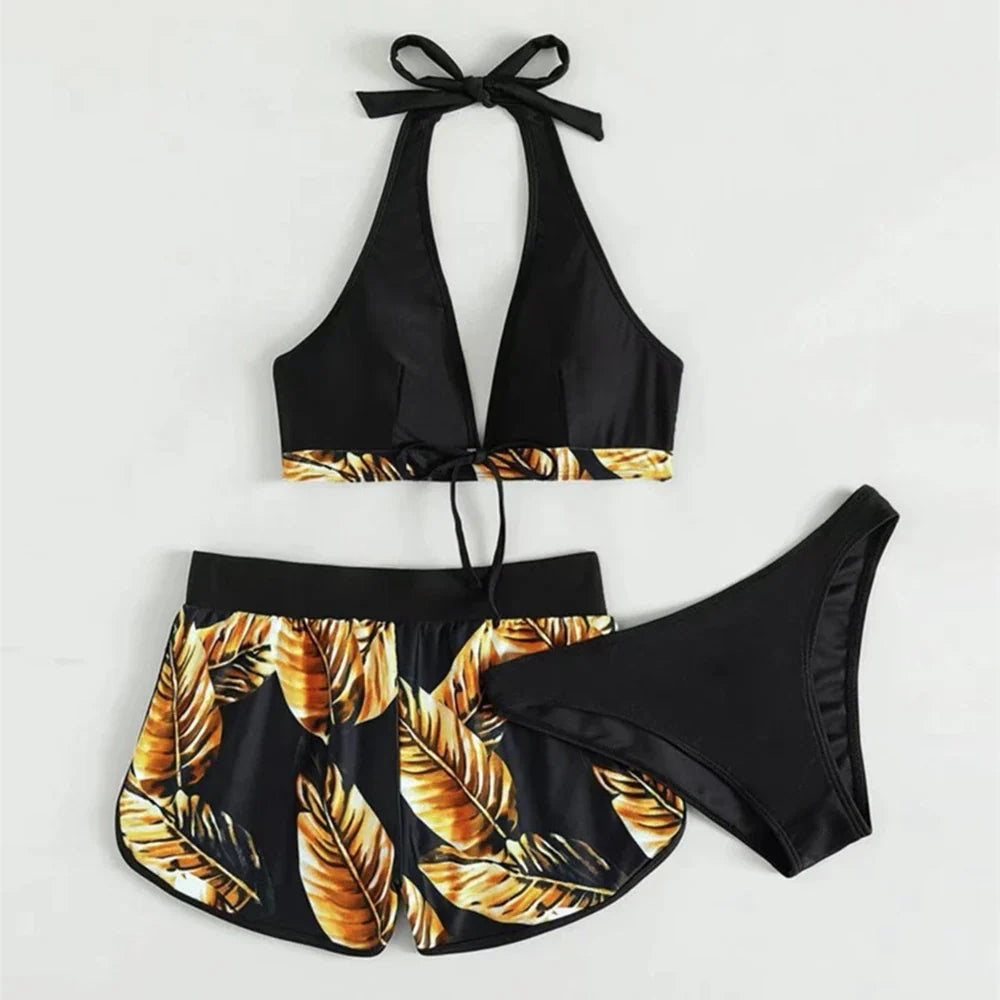 Halter Bikini 3 Piece Set Leafs Print High Waisted Swimsuit Bumr