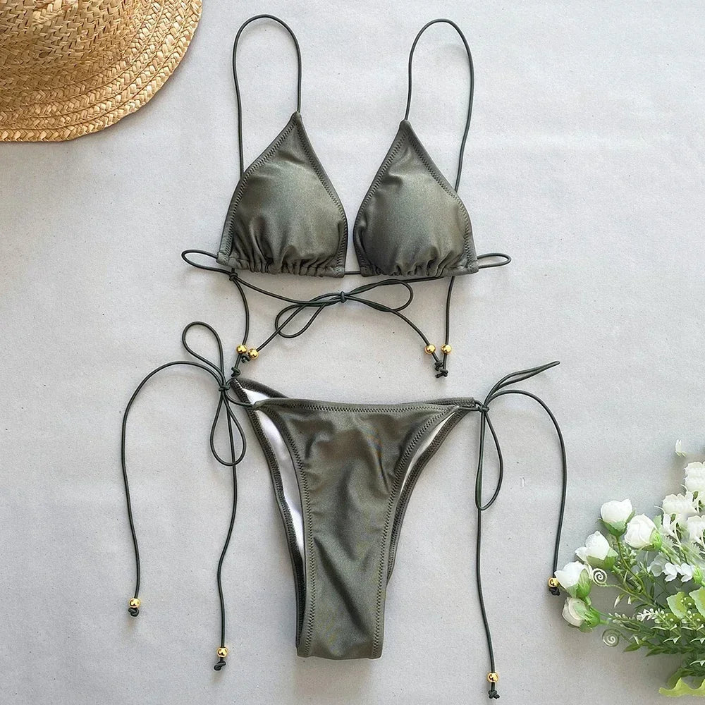 Sexy Army Green Micro Bikini String Cross Halter Bumr