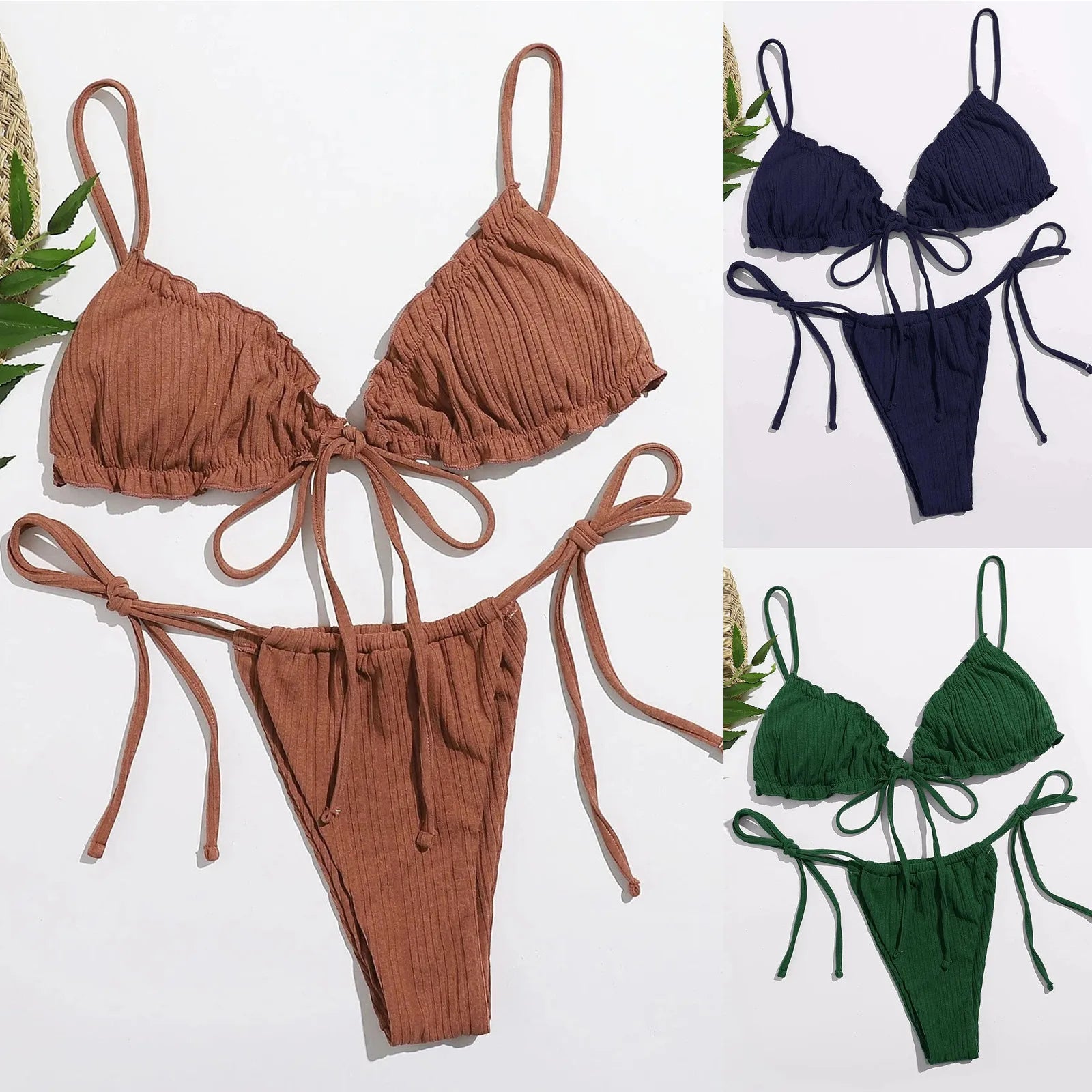 Summer Bikini Set Solid Color Bandage Bumr