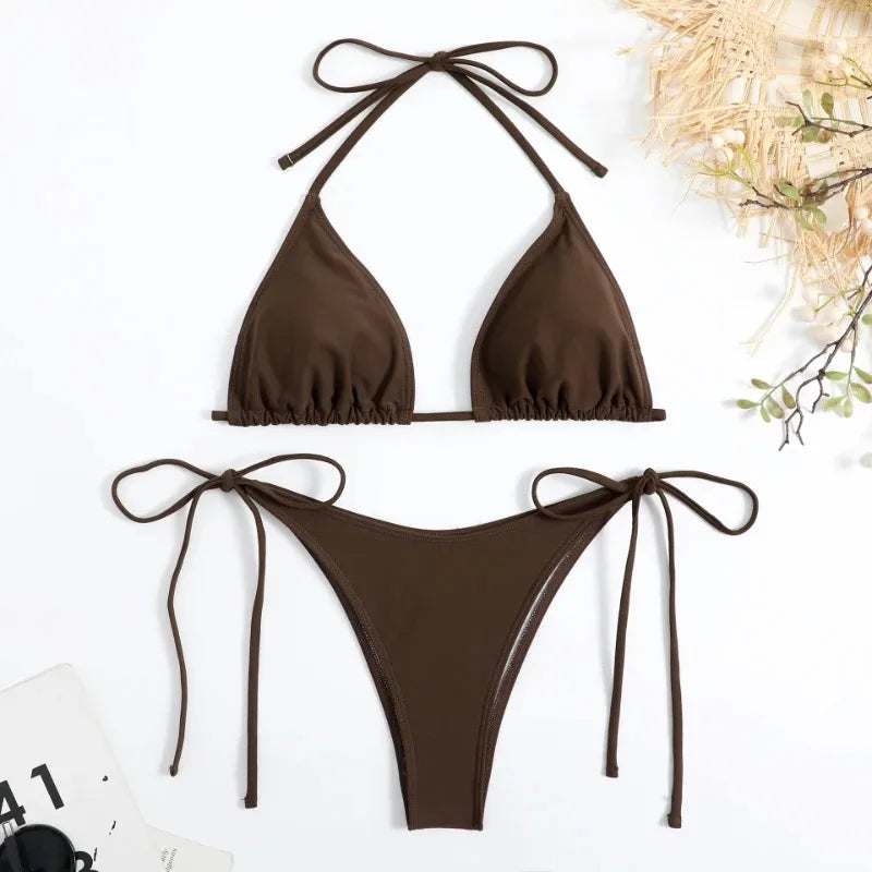 Sexy Women Thong Solid Color Bikini Set Bumr