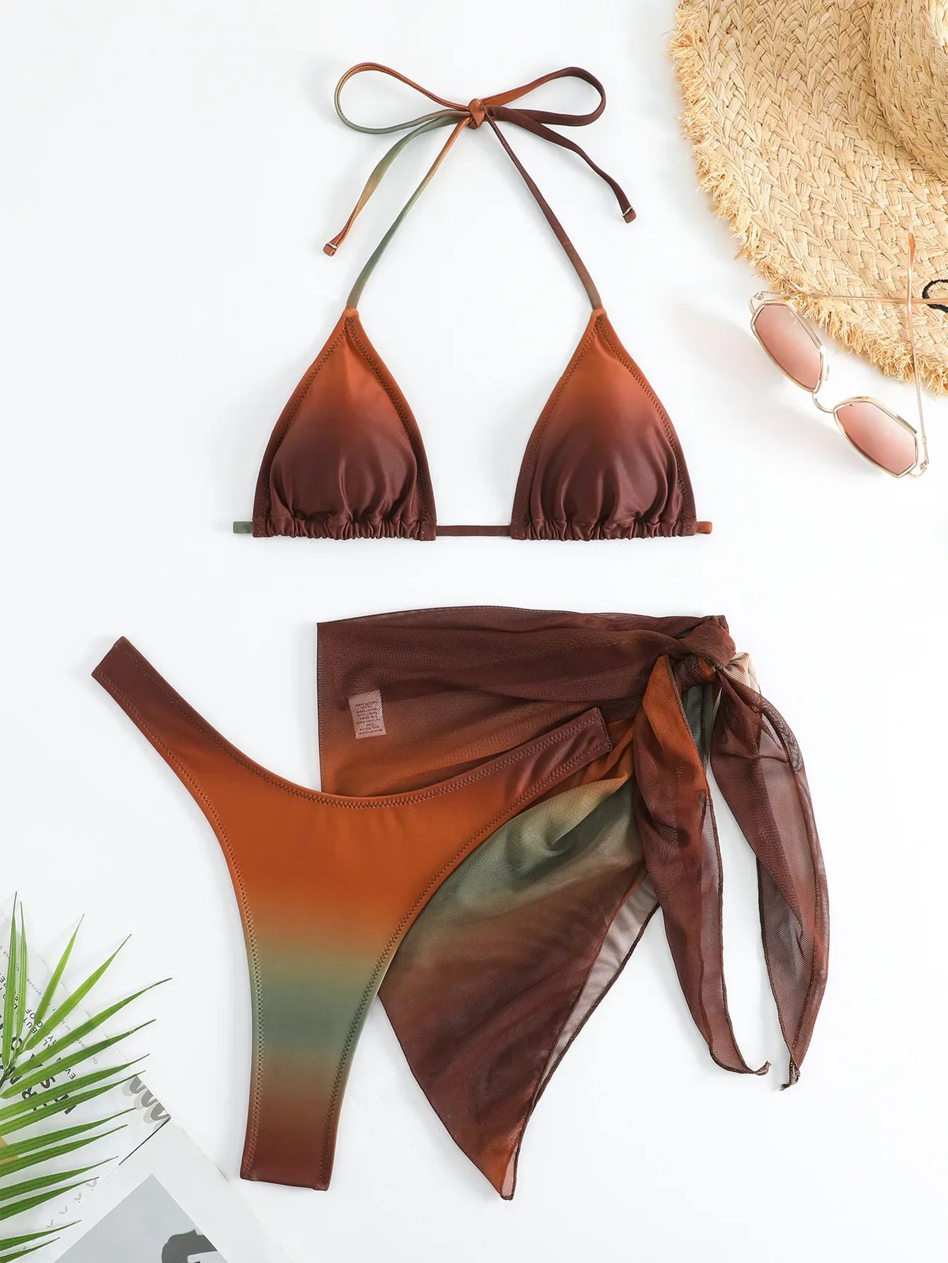 Sexy Brown Gradient Bikini Halter Push Up Bra Mesh Skirt Bumr