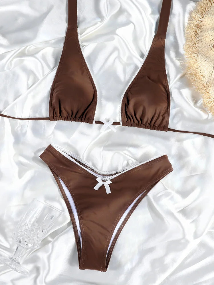 Brown Color Bikinis Bow Swimwear Low Waist Bumr