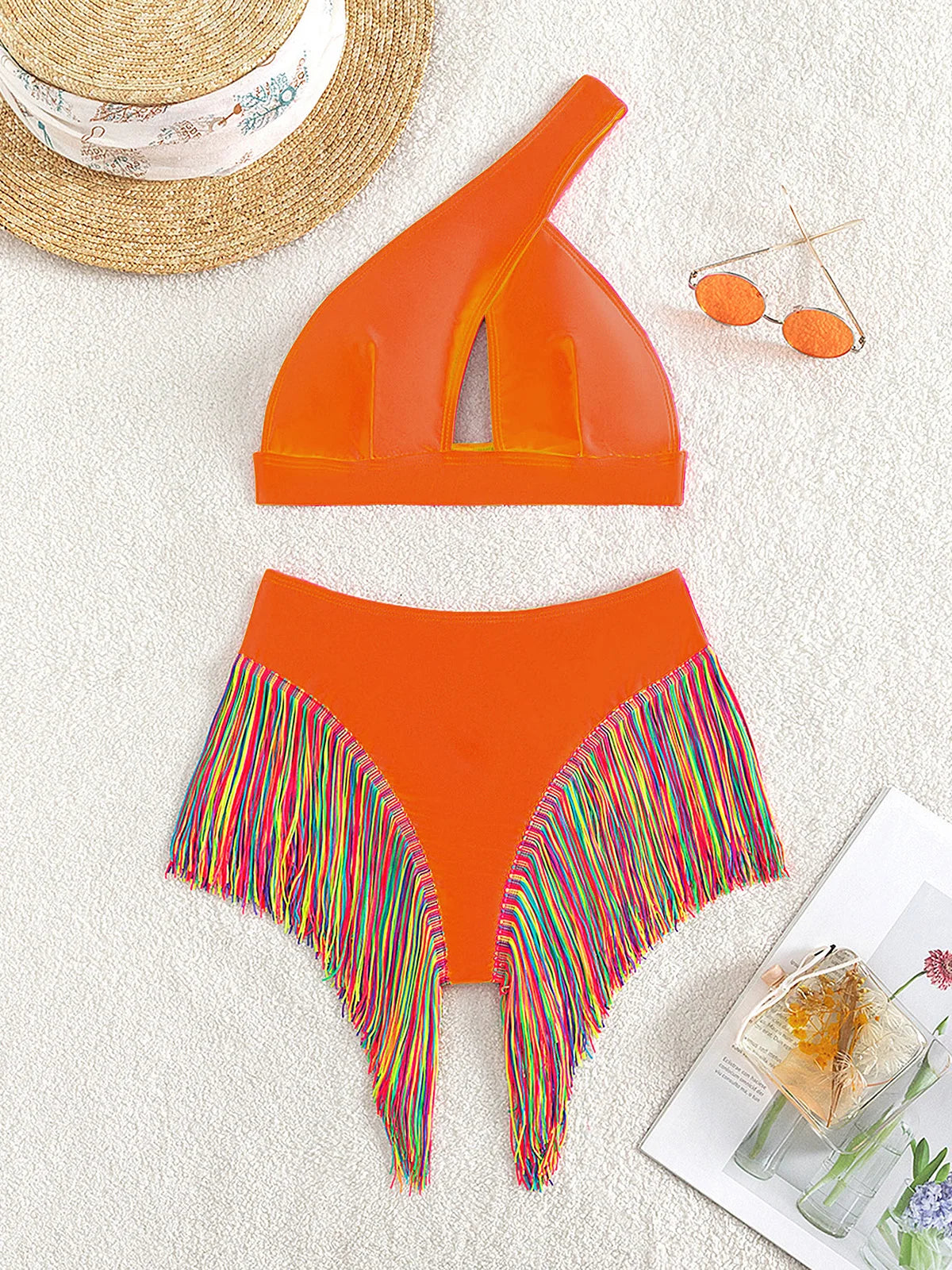 Fringe Tassel One Shoulder Female Swimsuit High Waist Bumr