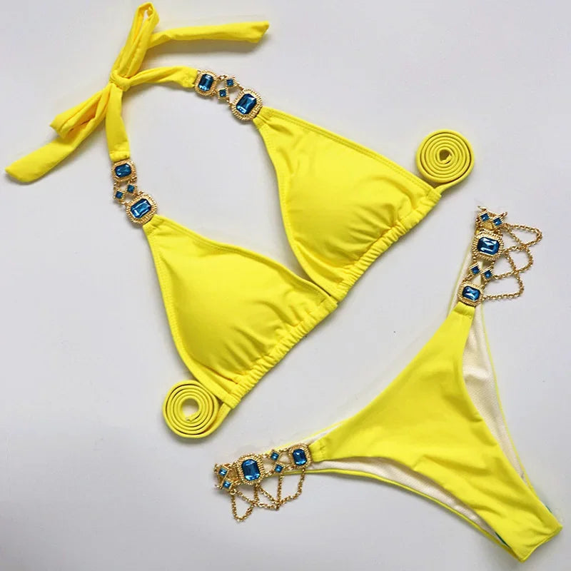 Halter Metal Chains Rhinestone Diamond Bikini Bumr