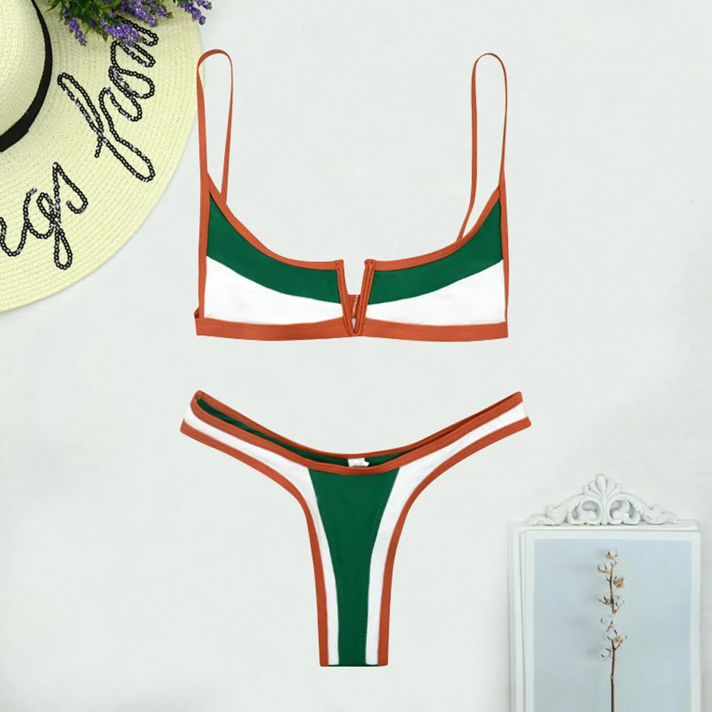 V-neck Color Blocking Print Bathing Suit Bumr