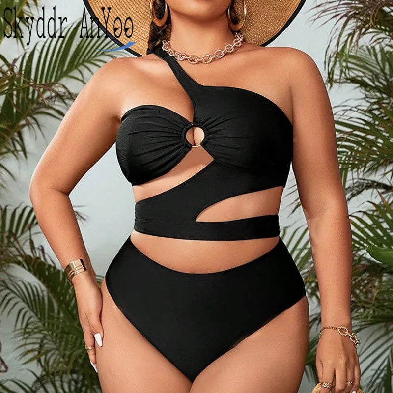 Plus Size One Shoulder Cut Out Women's Swimsuit Bumr