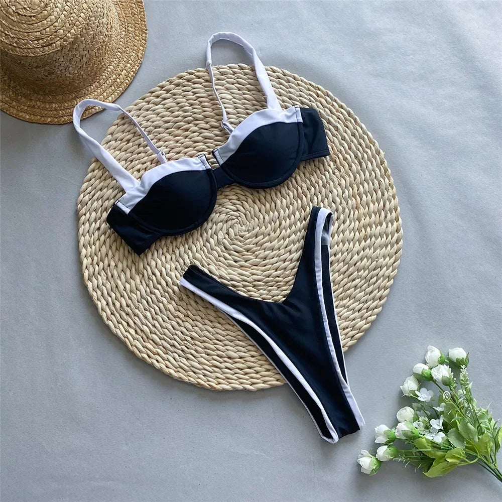 Contrast Color Black Push Up Sexy Micro Thong Swimsuit Bumr