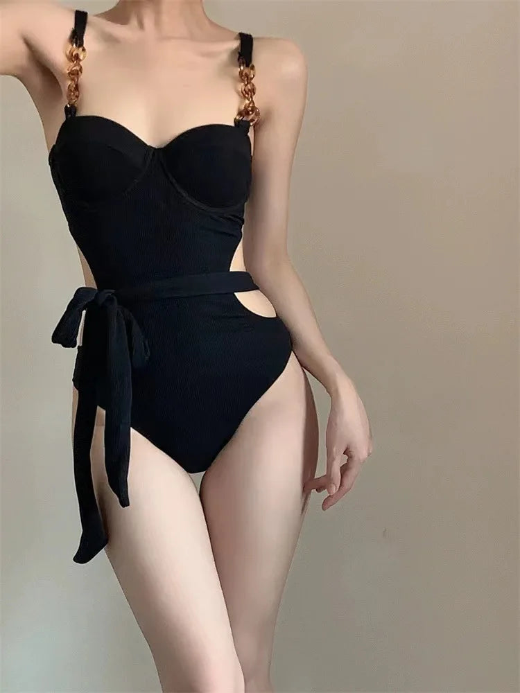 One Piece Black And Beige Bikinis With Waist Tie Hollow Bodysuits Bumr