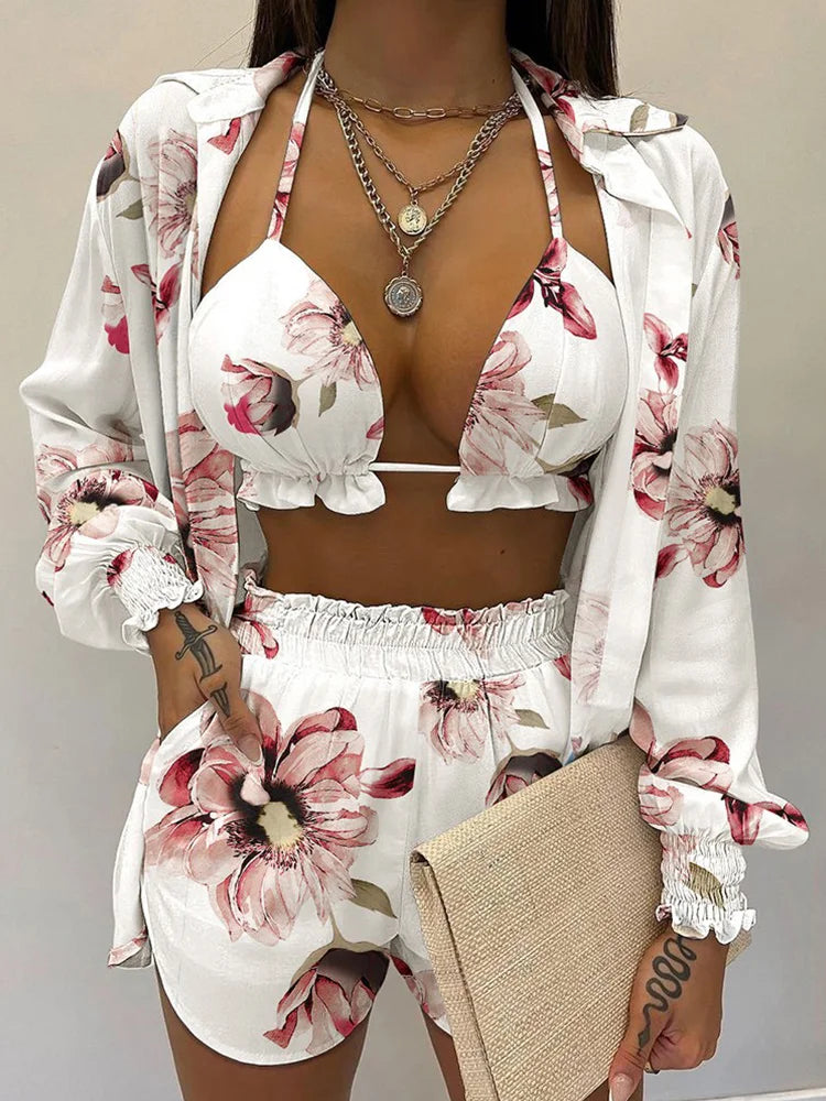 Printed Three Pieces Swimwear Sexy High Waist Bikini Set Bumr