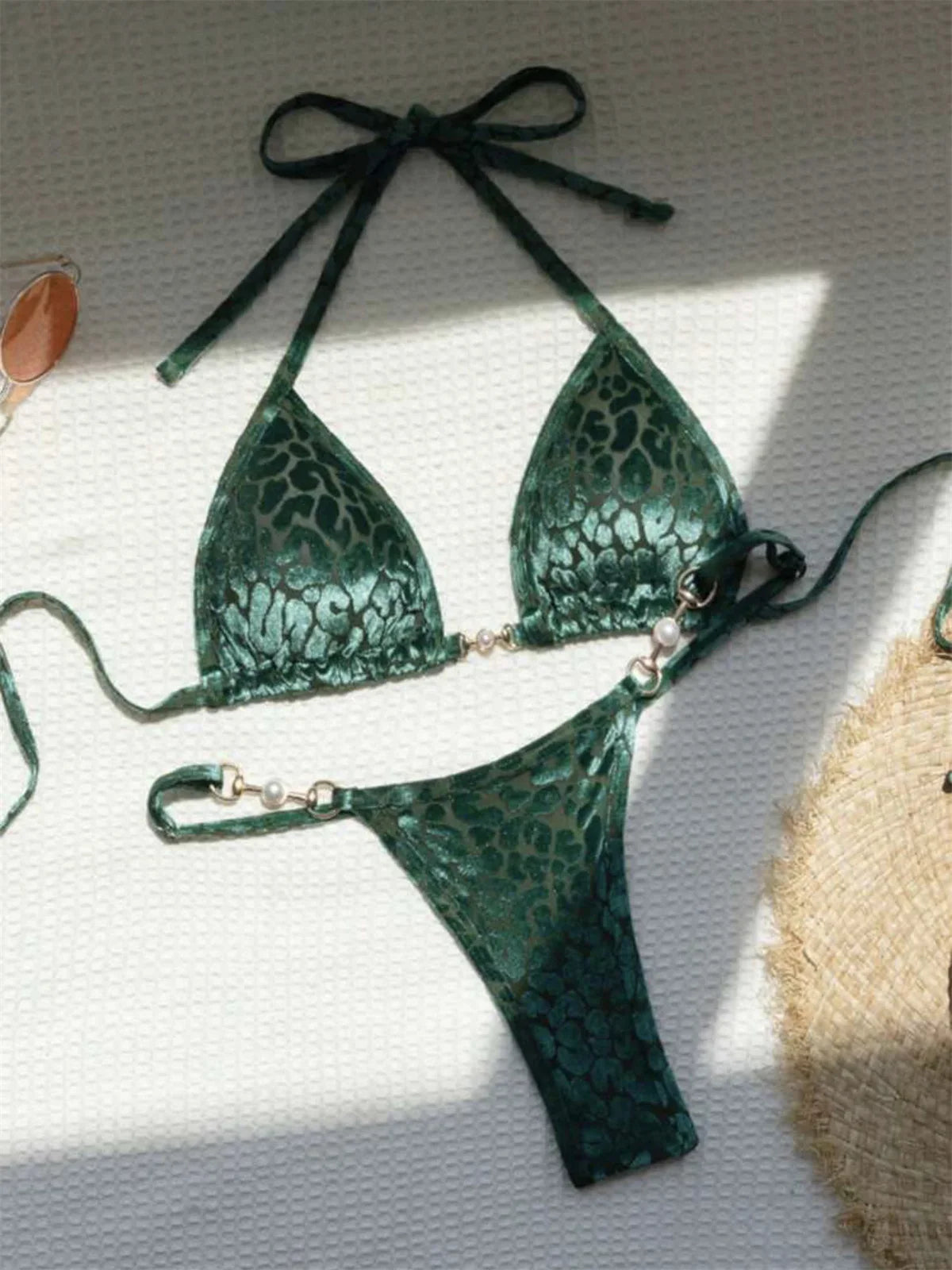 Sexy Green Leopard Print Bikini Set Pearl Triangle Swimsuit Bumr