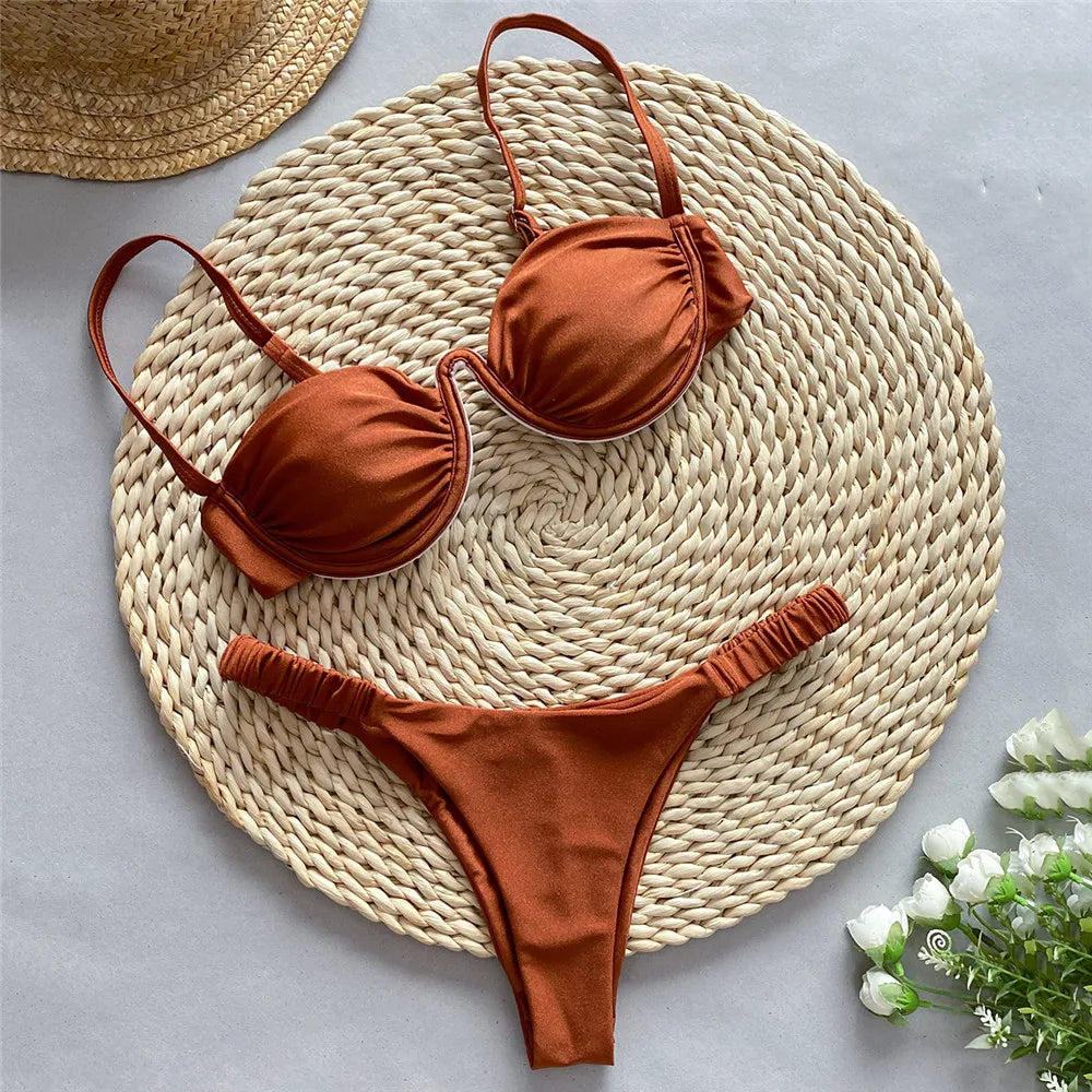 Sexy Brown Micro Push Up Bikinis Set for Women Bumr