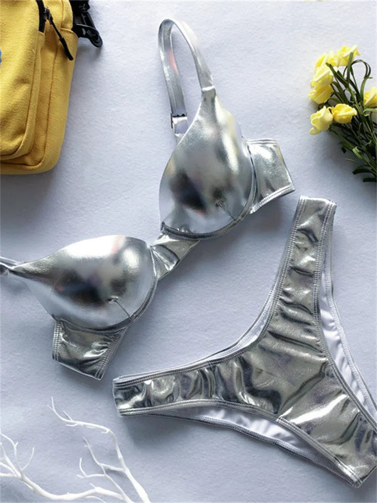 Silver Gold Underwire Bikini Shiny Faux Leather Push Up Swimsuit Bumr