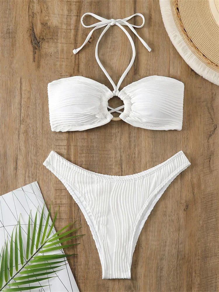 White Ring Linked Hollow Out Push Up Micro Swimsuit Bumr