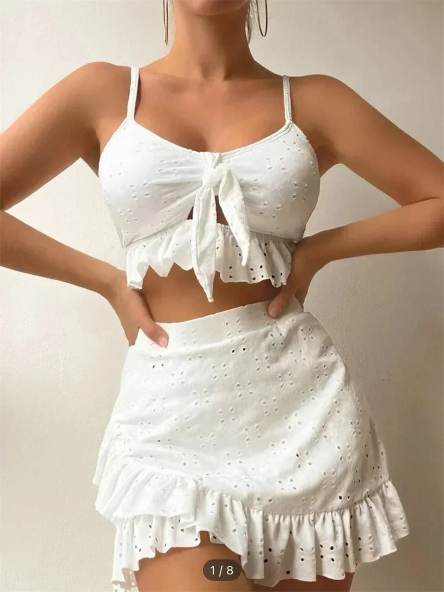 Sexy White 3 Piece Bikinis Set Tie Up Ruffles Swimsuit Bumr